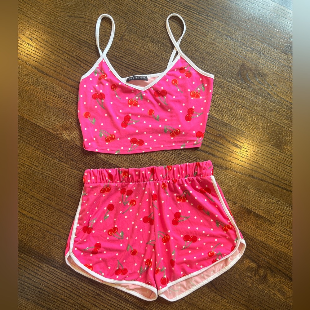 One By One Pink Cherry Top and Shorts Set (Size Small)